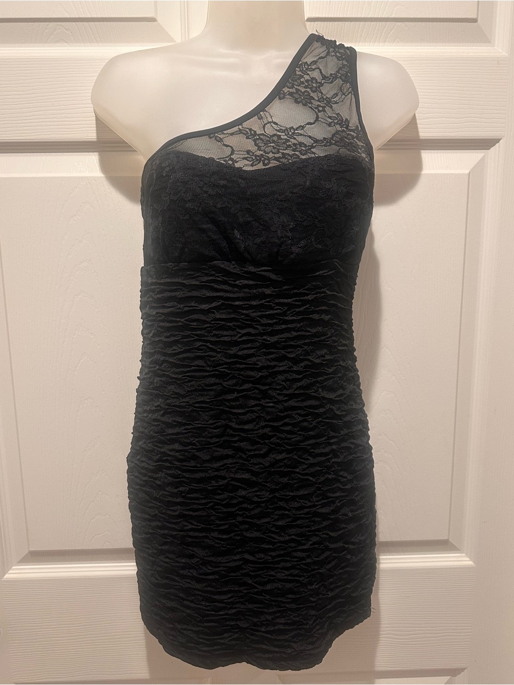 Vintage Y2K Papaya Black Lace One Shoulder Ruched Mini Dress L MADE IN USA Party